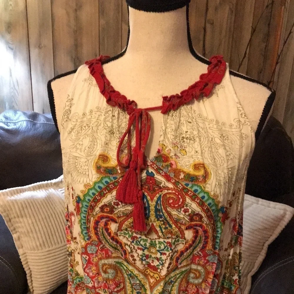 Bila Bohemian Tank Large Paisley Ruffles Scoop Neck Colorful Women's Sleeveless